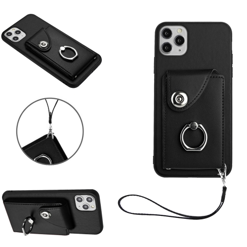 

For iPhone 11 Pro Organ Card Bag Ring Holder PU Phone Case with Lanyard(Black)