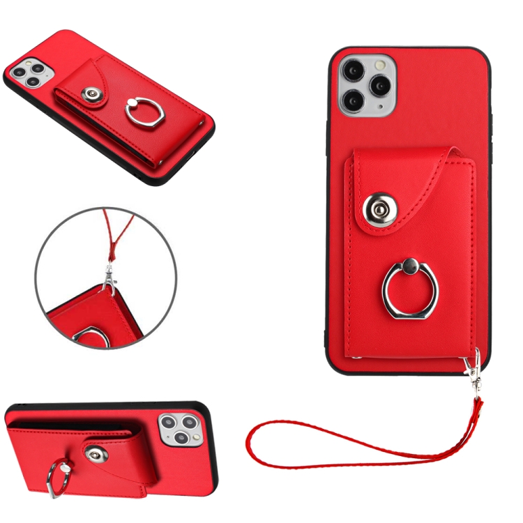 

For iPhone 11 Pro Organ Card Bag Ring Holder PU Phone Case with Lanyard(Red)