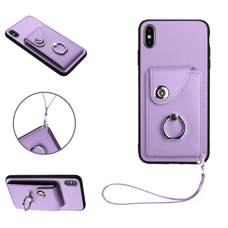 

For iPhone XS / X Organ Card Bag Ring Holder PU Phone Case with Lanyard(Purple)