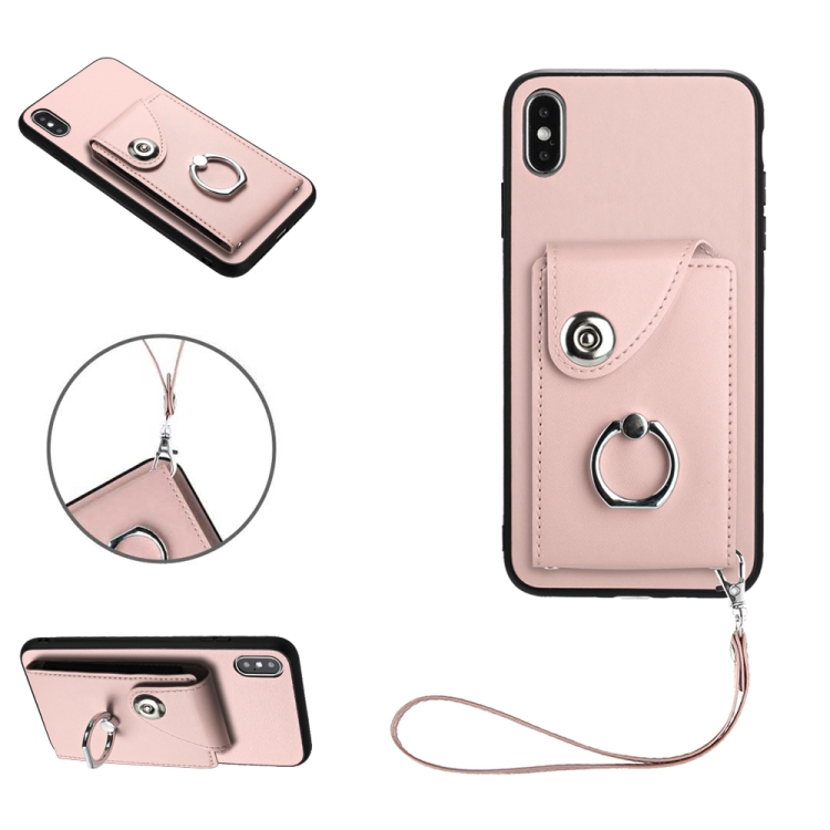 

For iPhone XS / X Organ Card Bag Ring Holder PU Phone Case with Lanyard(Pink)