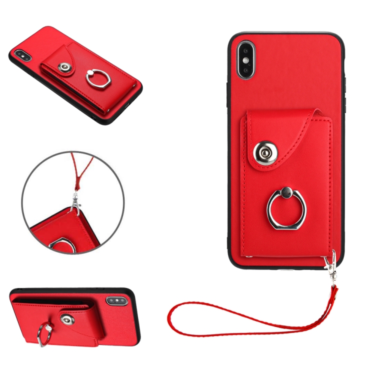

For iPhone XS / X Organ Card Bag Ring Holder PU Phone Case with Lanyard(Red)