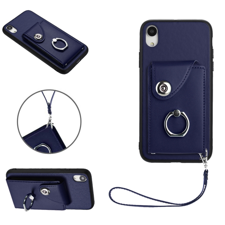 

For iPhone XR Organ Card Bag Ring Holder PU Phone Case with Lanyard(Blue)