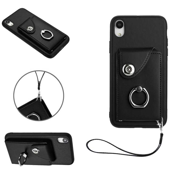

For iPhone XR Organ Card Bag Ring Holder PU Phone Case with Lanyard(Black)