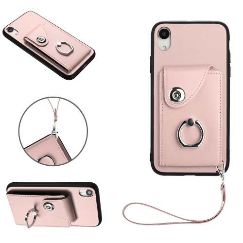 

For iPhone XR Organ Card Bag Ring Holder PU Phone Case with Lanyard(Pink)