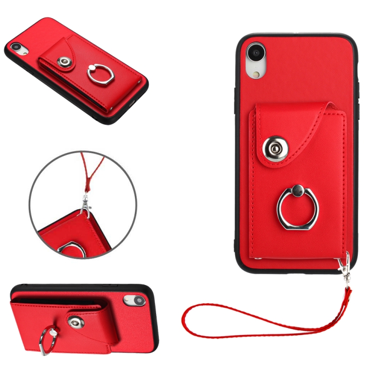 

For iPhone XR Organ Card Bag Ring Holder PU Phone Case with Lanyard(Red)