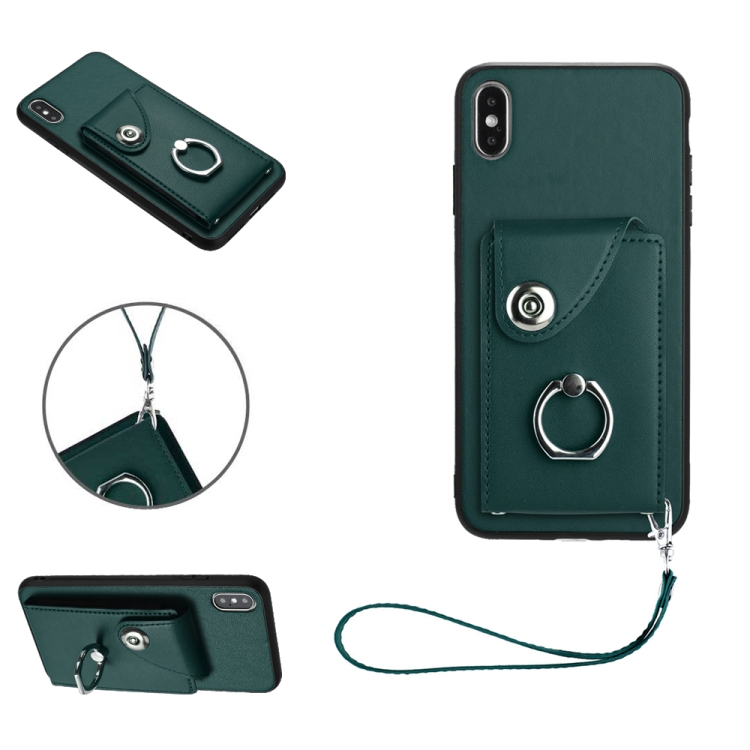 

For iPhone XS Max Organ Card Bag Ring Holder PU Phone Case with Lanyard(Green)