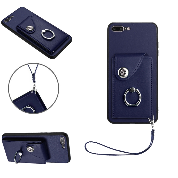 

For iPhone 8 Plus / 7 Plus Organ Card Bag Ring Holder PU Phone Case with Lanyard(Blue)
