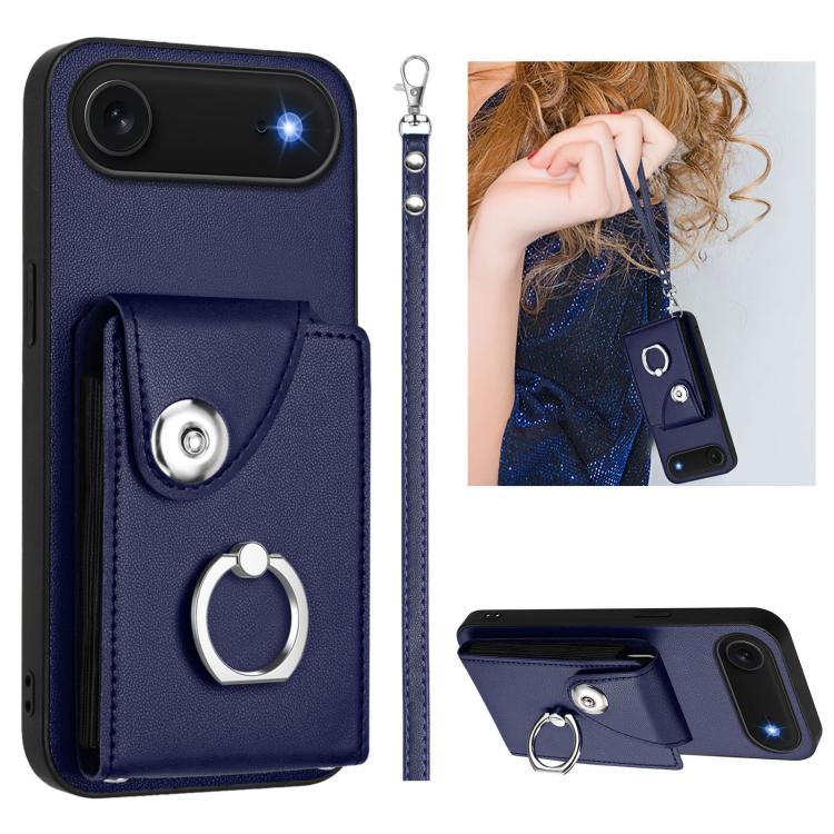 For iPhone Air Organ Card Bag Ring Holder PU Phone Case with Lanyard(Blue)