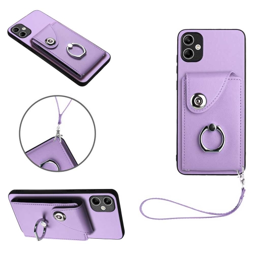 

For Samsung Galaxy A04 4G Organ Card Bag Ring Holder PU Phone Case with Lanyard(Purple)