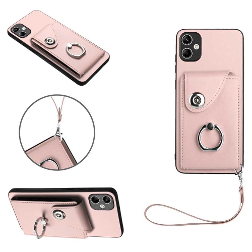 

For Samsung Galaxy A05 4G Global Organ Card Bag Ring Holder PU Phone Case with Lanyard(Pink)