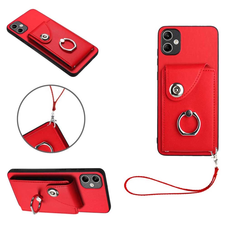 

For Samsung Galaxy A05 4G Global Organ Card Bag Ring Holder PU Phone Case with Lanyard(Red)
