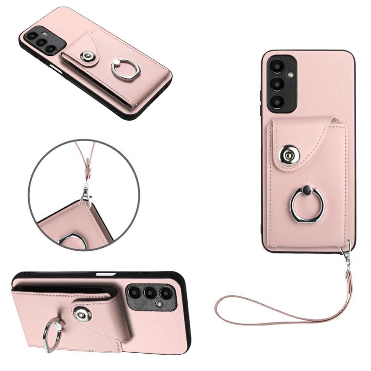 

For Samsung Galaxy A05s 4G Global Organ Card Bag Ring Holder PU Phone Case with Lanyard(Pink)