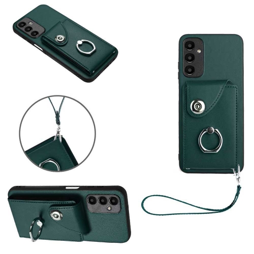 

For Samsung Galaxy A05s 4G Global Organ Card Bag Ring Holder PU Phone Case with Lanyard(Green)