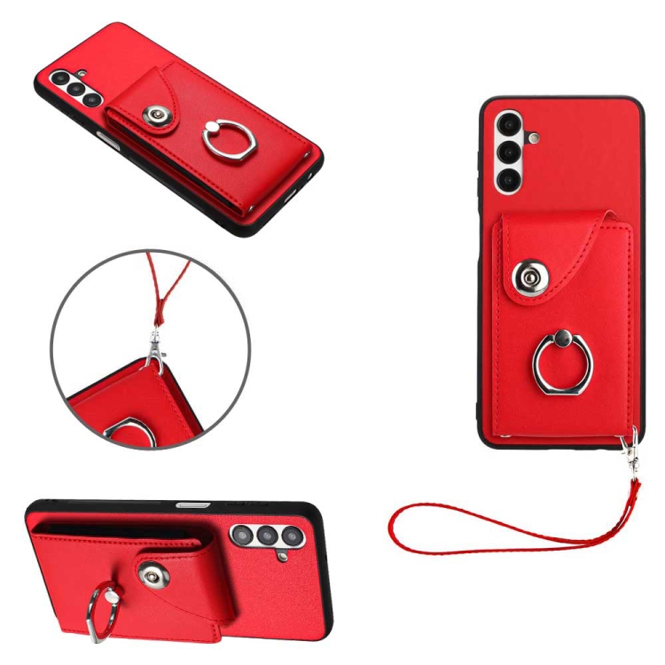 

For Samsung Galaxy A13 5G/A04s Organ Card Bag Ring Holder PU Phone Case with Lanyard(Red)