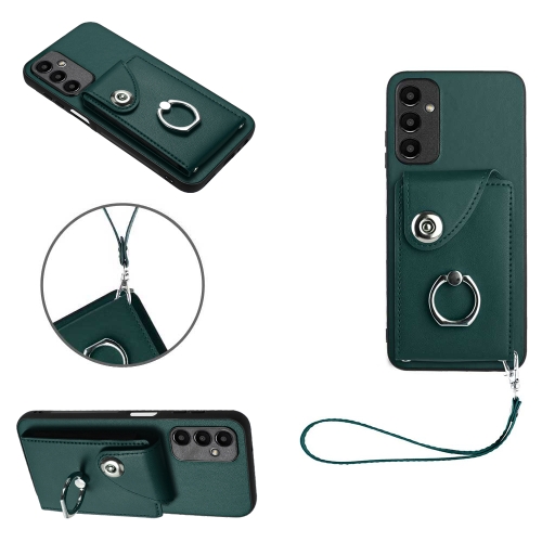 

For Samsung Galaxy A14 5G Organ Card Bag Ring Holder PU Phone Case with Lanyard(Green)