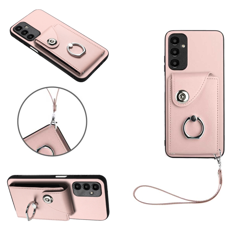 

For Samsung Galaxy A15 4G Global Organ Card Bag Ring Holder PU Phone Case with Lanyard(Pink)