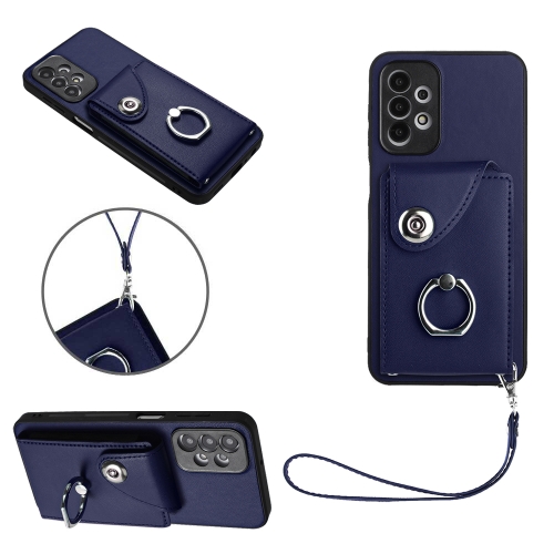 

For Samsung Galaxy A23 165.4mm Organ Card Bag Ring Holder PU Phone Case with Lanyard(Blue)