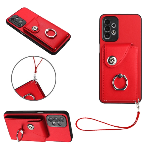 

For Samsung Galaxy A23 165.4mm Organ Card Bag Ring Holder PU Phone Case with Lanyard(Red)