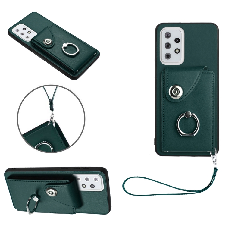 

For Samsung Galaxy A33 5G Organ Card Bag Ring Holder PU Phone Case with Lanyard(Green)