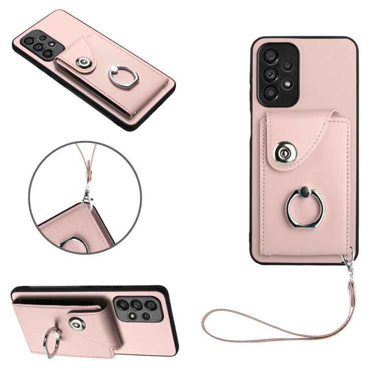 

For Samsung Galaxy A52 4G/5G Organ Card Bag Ring Holder PU Phone Case with Lanyard(Pink)