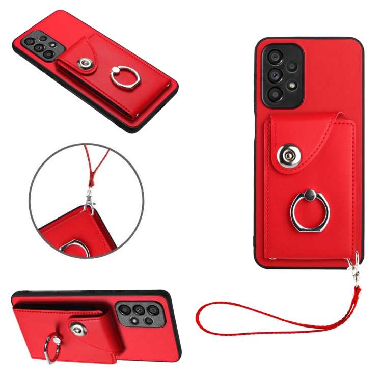 

For Samsung Galaxy A52 4G/5G Organ Card Bag Ring Holder PU Phone Case with Lanyard(Red)