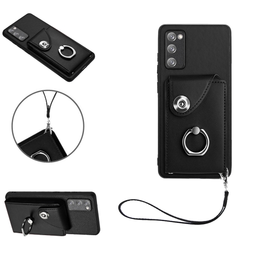 

For Samsung Galaxy S20 FE Organ Card Bag Ring Holder PU Phone Case with Lanyard(Black)