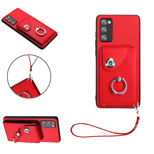 

For Samsung Galaxy S20 FE Organ Card Bag Ring Holder PU Phone Case with Lanyard(Red)