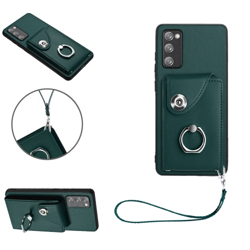

For Samsung Galaxy S20 FE Organ Card Bag Ring Holder PU Phone Case with Lanyard(Green)