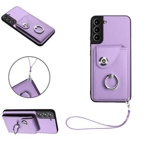 

For Samsung Galaxy S21 FE 5G Organ Card Bag Ring Holder PU Phone Case with Lanyard(Purple)