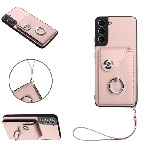 

For Samsung Galaxy S22 5G Organ Card Bag Ring Holder PU Phone Case with Lanyard(Pink)