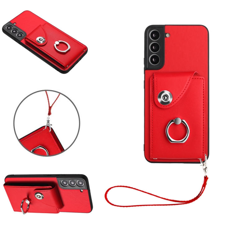 

For Samsung Galaxy S22 5G Organ Card Bag Ring Holder PU Phone Case with Lanyard(Red)