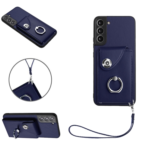 

For Samsung Galaxy S22+ 5G Organ Card Bag Ring Holder PU Phone Case with Lanyard(Blue)