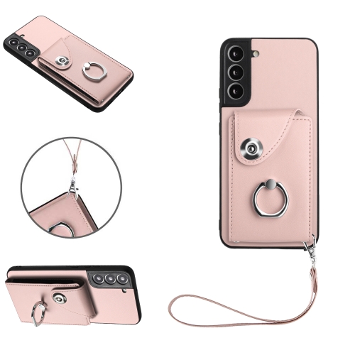 

For Samsung Galaxy S22+ 5G Organ Card Bag Ring Holder PU Phone Case with Lanyard(Pink)