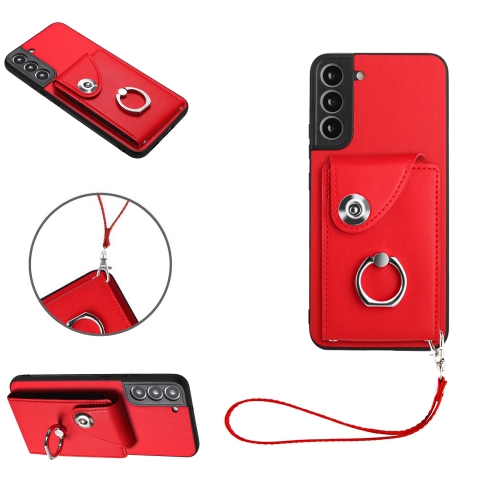 

For Samsung Galaxy S22+ 5G Organ Card Bag Ring Holder PU Phone Case with Lanyard(Red)