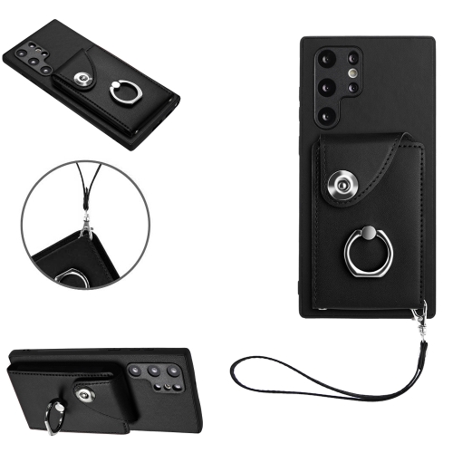 

For Samsung Galaxy S22 Ultra 5G Organ Card Bag Ring Holder PU Phone Case with Lanyard(Black)