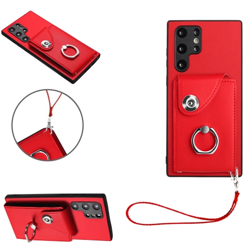 

For Samsung Galaxy S22 Ultra 5G Organ Card Bag Ring Holder PU Phone Case with Lanyard(Red)