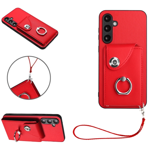 

For Samsung Galaxy S23 FE 5G Organ Card Bag Ring Holder PU Phone Case with Lanyard(Red)