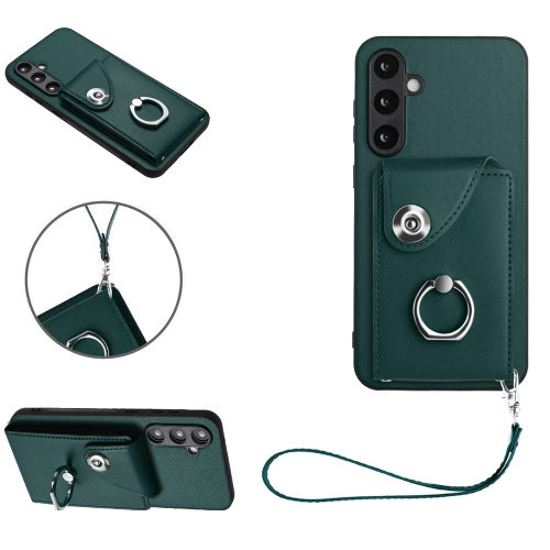 

For Samsung Galaxy S23 FE 5G Organ Card Bag Ring Holder PU Phone Case with Lanyard(Green)