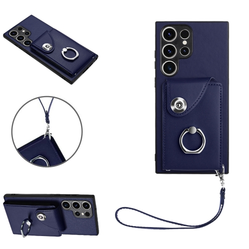 

For Samsung Galaxy S23 Ultra 5G Organ Card Bag Ring Holder PU Phone Case with Lanyard(Blue)
