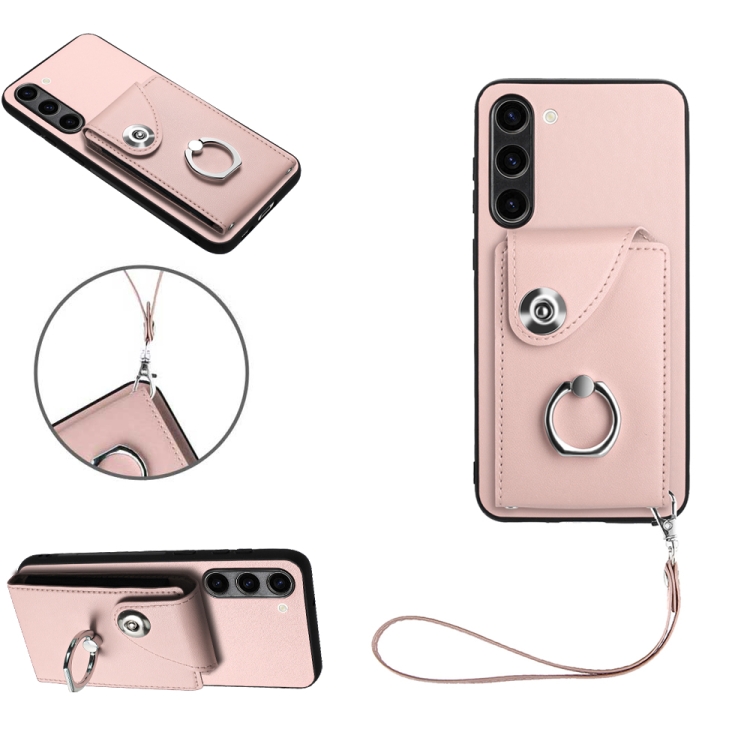 

For Samsung Galaxy S23+ 5G Organ Card Bag Ring Holder PU Phone Case with Lanyard(Pink)
