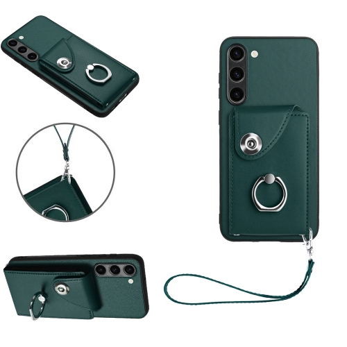 

For Samsung Galaxy S23+ 5G Organ Card Bag Ring Holder PU Phone Case with Lanyard(Green)