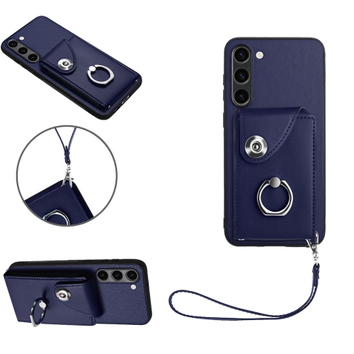 

For Samsung Galaxy S23 5G Organ Card Bag Ring Holder PU Phone Case with Lanyard(Blue)