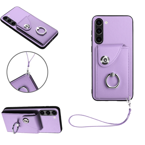 

For Samsung Galaxy S23 5G Organ Card Bag Ring Holder PU Phone Case with Lanyard(Purple)