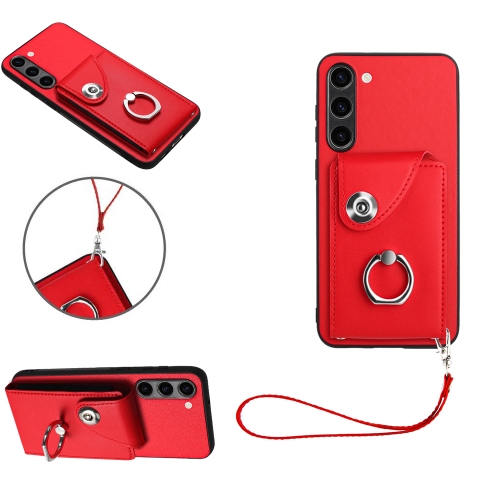 

For Samsung Galaxy S23 5G Organ Card Bag Ring Holder PU Phone Case with Lanyard(Red)