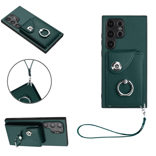 

For Samsung Galaxy S24 Ultra 5G Organ Card Bag Ring Holder PU Phone Case with Lanyard(Green)