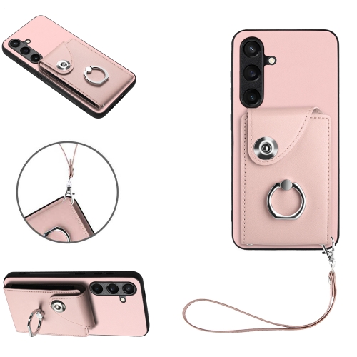 

For Samsung Galaxy S24+ 5G Organ Card Bag Ring Holder PU Phone Case with Lanyard(Pink)