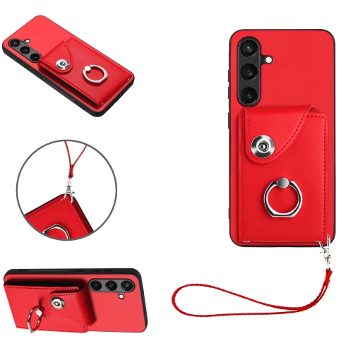 

For Samsung Galaxy S24+ 5G Organ Card Bag Ring Holder PU Phone Case with Lanyard(Red)
