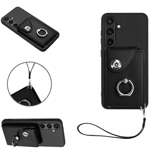 

For Samsung Galaxy S24 5G Organ Card Bag Ring Holder PU Phone Case with Lanyard(Black)