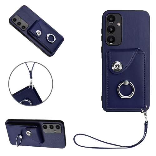 

For Samsung Galaxy A55 Organ Card Bag Ring Holder PU Phone Case with Lanyard(Blue)