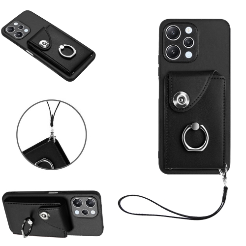 

For Xiaomi Redmi 12 4G Global Organ Card Bag Ring Holder PU Phone Case with Lanyard(Black)